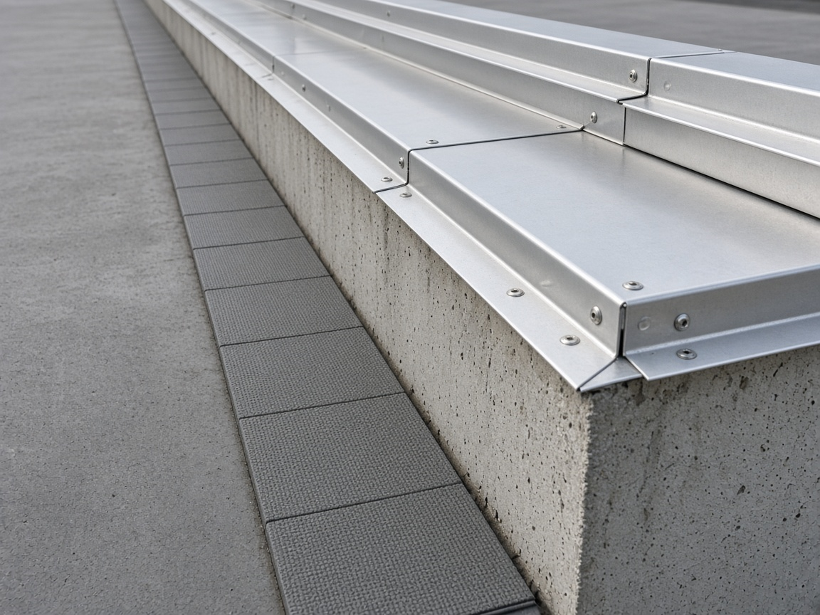 Metal flashing and a walkway pad along a commercial roof edge